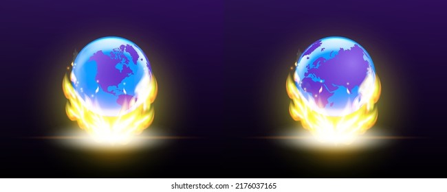 Vector volumetric two hemispheres of the planet Earth, northern and southern, in a bright flame on a dark background. Purple continents