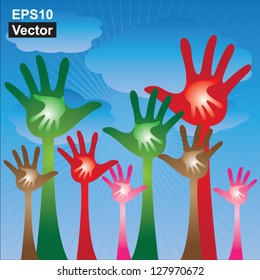 Vector : Volunteer Or Family Concept Present By Colorful Adult Hand With Colorful Child Hand Inside in Blue Sky Background