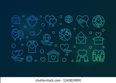 Vector Volunteering colored horizontal illustration in thin line style on dark background 