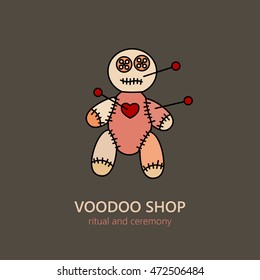 Vector voodoo doll logo for religion and ceremonies. African souvenir and symbol of black magic.