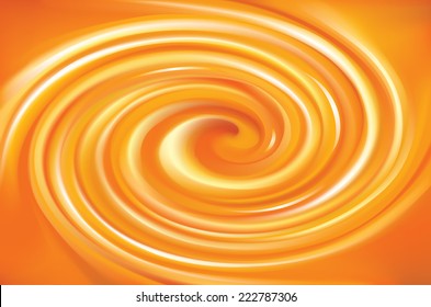 Vector vortex ripple backdrop with space for text. Beautiful curl fluid surface vivid hot terracotta color. Circle mix of pure fresh sweet carrot, apricot and lemon dessert syrup