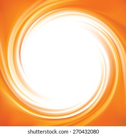 Vector vortex ripple backdrop with space for text in glowing white center. Curl fluid surface vivid hot terracotta color. Circular mix of sweet carrot, apricot and lemon dessert fruit syrup 