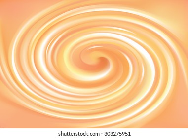 Vector vortex ripple backdrop with space for text. Beautiful curvy fluid surface gentle terracotta color. Circle soft mix of pure fresh sweet carrot, melon, pumpkin, apricot and lemon dessert syrup