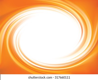 Vector vortex ripple backdrop with space for text in glowing white center. Beautiful curl fluid surface vivid hot terracotta color. Circle fresh mix sweet carrot, apricot and lemon dessert syrup 