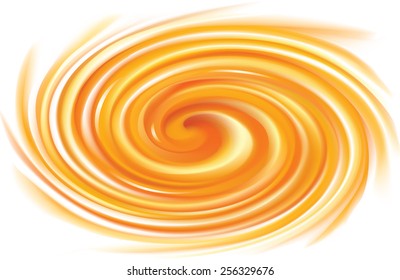 Vector vortex ripple radial backdrop with space for text. Beautiful curl fluid surface bright hot yellow color. Eddy mix of juicy fresh sweet carrot, apricot and lemon dessert syrup 