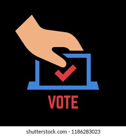 Vector vote color icon on a black background with voter hand insert envelope in ballot box. Democracy election poll colorful symbol.