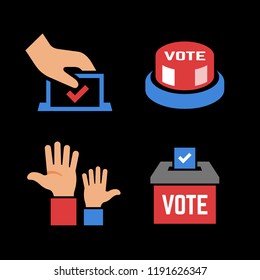 Vector Vote Color Icon On A Black Background With Voter Hand, Ballot Box, Click Button, Voting Hands. Democracy Election Poll Silhouette Symbol.