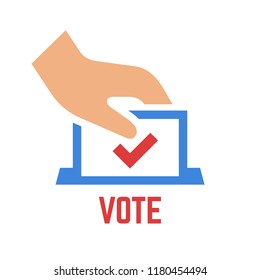 Vector vote color icon with voter hand insert envelope in ballot box. Democracy election poll colorful sign.