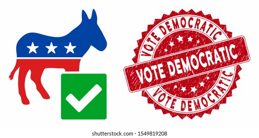 Vector vote democratic icon and rubber round stamp seal with Vote Democratic phrase. Flat vote democratic icon is isolated on a white background.