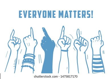 Vector vote illustration with hands up isolated on white background. Hand drawn contour doodle style. Good for banner, placard, poster, flayer, advertising design etc.