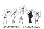 Vector vote illustration with hands up with voting bulletin isolated on white background. Hand drawn contour style. Good for banner, placard, poster, flayer, advertising design etc.
