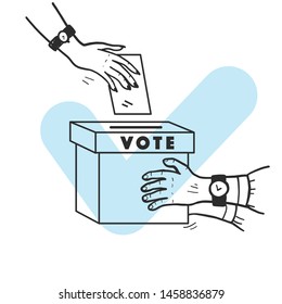Vector vote illustration with human hands, voting bulletin and voting box isolated on white background. Hand drawn doodle style. Good for banner, placard, poster, flayer, advertising design etc.