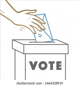 Vector vote illustration with human hands, voting bulletin and voting box isolated on white background. Hand drawn doodle style. Good for banner, placard, poster, flayer, advertising design etc.