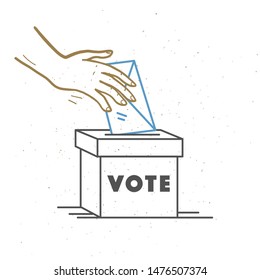 Vector vote illustration with human hands, voting bulletin and voting box isolated on white background. Hand drawn doodle style. Good for banner, placard, poster, flayer, advertising design etc.