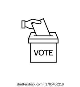 Vector vote line icon. Hand putting ballot paper in the voting box. Election illustration.