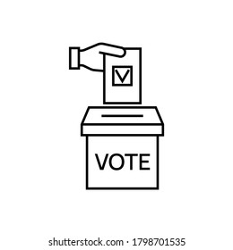 Vector vote line icon. Hand putting ballot paper in the voting box. Election illustration.