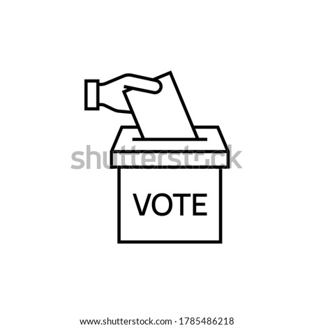 Vector vote line icon. Hand putting ballot paper in the voting box. Election illustration.