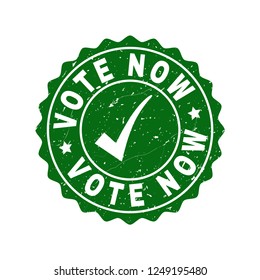 Vector Vote Now grunge stamp seal with tick inside. Green Vote Now imprint with grunge style. Round rubber stamp imprint.