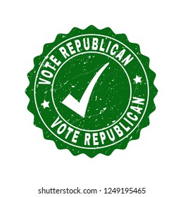 Vector Vote Republican grunge stamp seal with tick inside. Green Vote Republican mark with grunge surface. Round rubber stamp imprint.
