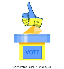 Vector voting box and Ukraine flag on the hand, vector illustration, vote for Ukrainian people, realistic hand drawn hand, like sign