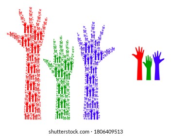 Vector voting hands up collage is made from scattered self voting hands up items. Fractal collage from voting hands up.