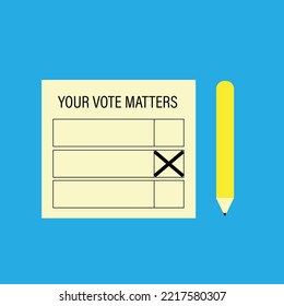 A vector of voting paper with pencils at side on blue background.