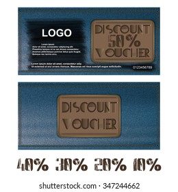 Vector voucher discount on jeans background. Further presented figures 50 percent, 40 percent, 30 percent, 20 percent and 10 percent.