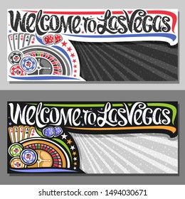 Vector vouchers for Las Vegas with copy space, decorative sign board with illustration of four kind aces and roulette wheel, creative script for words welcome to las vegas on rays of light background.