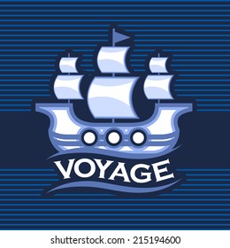Vector voyage frame with sailboat on striped background