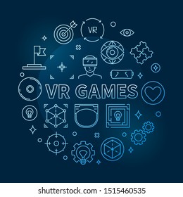 Vector VR Games round concept blue outline illustration on dark background