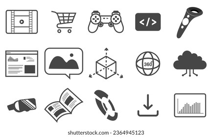Vector VR Linear Icon Set in Flat Design. Exploring on futuristic interface 3D World. Game console elements. Modern Technology Concept for Serving Leisure Activity. Isolated on White Background.