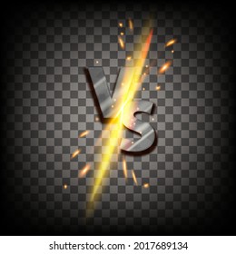 Vector VS Fight Game Icon, Versus Battle Duel Logo, Iron Letters, Sparkling Fire On Transparent Background. Sport Competition Abstract Sign, Challenge Symbol, Energy Clash. VS Championship Concept