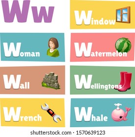 vector W letter with pictures and words with W