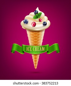 vector wafer cone with cream (ice cream) with berries and mint 