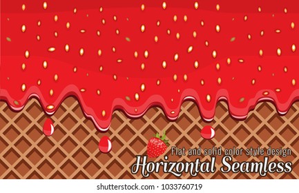 Vector Wafer and strawberry jam flowing horizontally seamless.