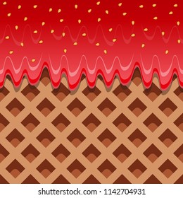 Vector Wafer and strawberry jam flowing horizontally seamless.