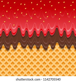 Vector Wafer and strawberry jam flowing horizontally seamless.