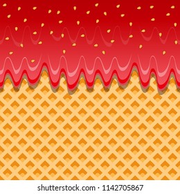 Vector Wafer and strawberry jam flowing horizontally seamless.
