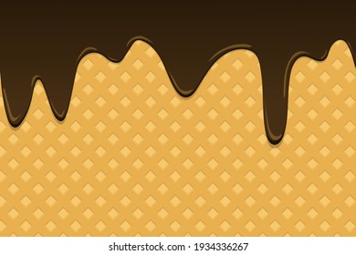 Vector waffle background with dripping drops of chocolate ice cream. Flat design. Realistic waffle surface for various purposes of your design. Ice cream, chocolate.