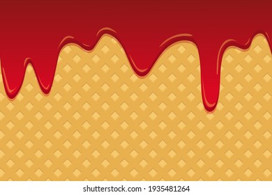 Vector waffle background with dripping drops of strawberry ice cream. Flat design. Realistic waffle surface for various purposes of your design. Ice cream, chocolate.