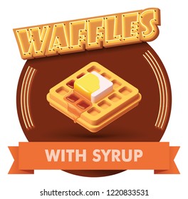 Vector waffle with butter and maple syrup icon with retro neon sign. Illustration or label for fast food restaurant menu
