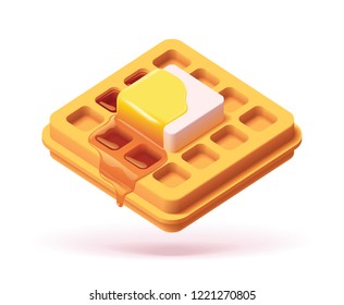 Vector waffle with butter and pouring maple syrup icon