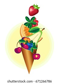 Vector waffle cone filled with juicy fruits on a sunny circle. Isolated object.