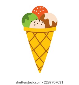 Vector waffle cone with scoops of ice cream. Summer dessert. Ice cream balls in waffle cone. Sweet food in flat design.