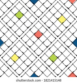 Vector waffle fabric effect seamless pattern background. Diagonal Bauhaus style grid backdrop with offset red, blue, yellow color squares. Hand drawn illustration. Modern art geometric all over print