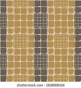 El efecto de tela de barrido vectorial tiene un fondo de patrón sin fisuras. Redes de fibra de algodón blanco en fondo marrón a rayas y ocre.Diseño de rejilla de tela de lino trenzada con rayas verticales. Repetición geométrica