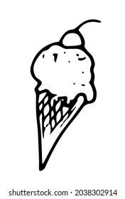 vector waffle ice cream cone with a cherry on top and a sprinkling texture of dots. food ICE CREAM with CHERRY berry hand-drawn in the style of doodles with a black isolated line and a white backdrop