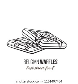 Vector waffles icon. Belgian or Viennese dessert with syrup for street cafe menu. Retro style.