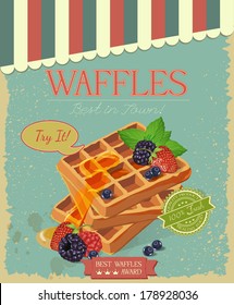 Vector waffles with syrup and strawberries. Poster in vintage style.