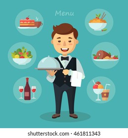Vector waiter character illustration with food and drink set. Flat design.